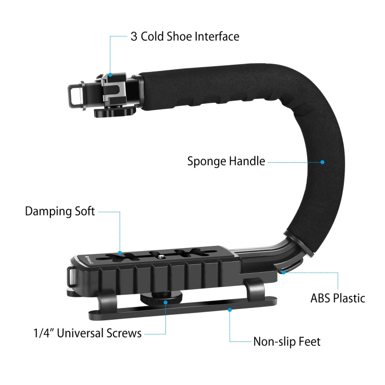 PULUZ U/C Shape Portable Handheld DV Bracket Stabilizer + LED Studio Light Kit with Cold Shoe Tripod Head for All SLR Cameras and Home DV Camera, Bracket Kits + LED