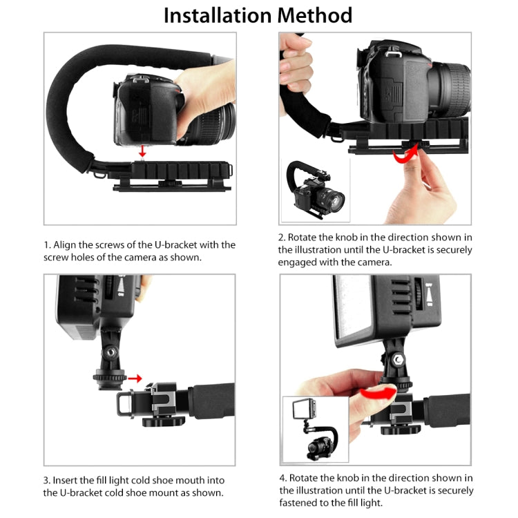 PULUZ U/C Shape Portable Handheld DV Bracket Stabilizer + LED Studio Light Kit with Cold Shoe Tripod Head for All SLR Cameras and Home DV Camera, Bracket Kits + LED