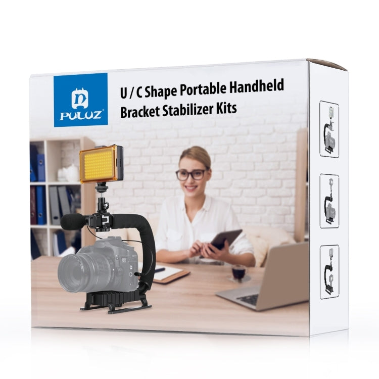 PULUZ U/C Shape Portable Handheld DV Bracket Stabilizer + LED Studio Light Kit with Cold Shoe Tripod Head  for All SLR Cameras and Home DV Camera