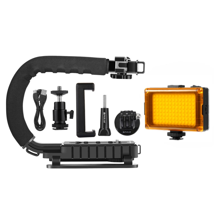 PULUZ U/C Shape Portable Handheld DV Bracket Stabilizer + LED Studio Light Kit with Cold Shoe Tripod Head for All SLR Cameras and Home DV Camera, Bracket Kits + LED