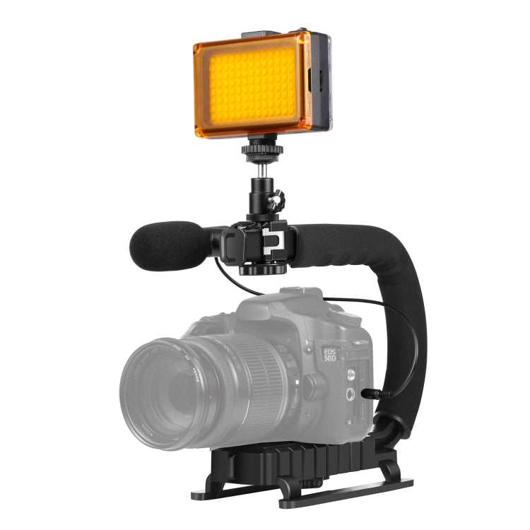 PULUZ U/C Shape Portable Handheld DV Bracket Stabilizer + LED Studio Light + Video Shotgun Microphone Kit with Cold Shoe Tripod Head for All SLR Cameras and Home DV Camera