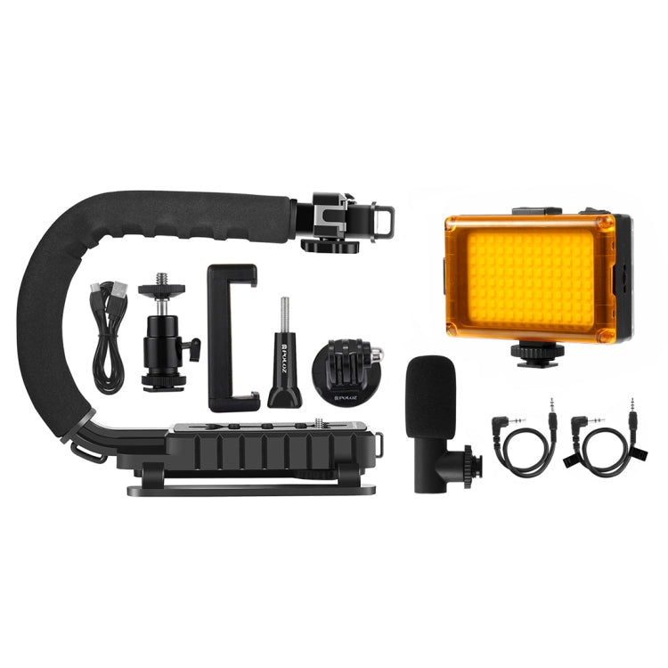 PULUZ U/C Shape Portable Handheld DV Bracket Stabilizer + LED Studio Light + Video Shotgun Microphone Kit with Cold Shoe Tripod Head for All SLR Cameras and Home DV Camera