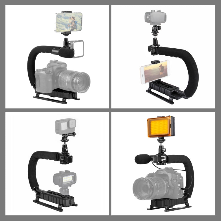 PULUZ U/C Shape Portable Handheld DV Bracket Stabilizer + LED Studio Light + Video Shotgun Microphone Kit with Cold Shoe Tripod Head for All SLR Cameras and Home DV Camera