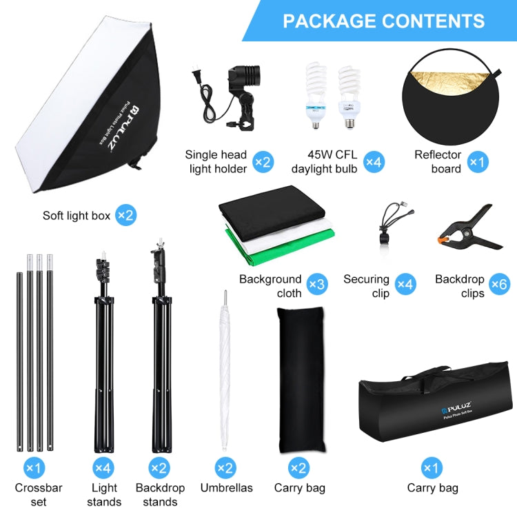 PULUZ LED Light Studio Softbox Photography Kit with Background & Reflective & Tripod Mount & Sandbags, Photography Light Kit, US Plug, Photography Light Kit, EU Plug