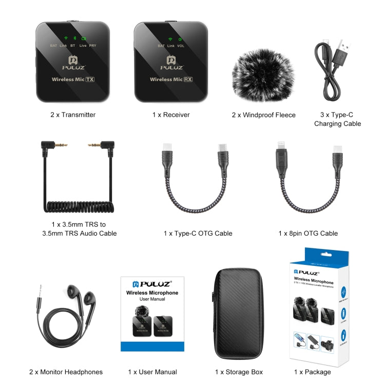 PULUZ 2 TX + 1 RX Wireless Lavalier Microphone