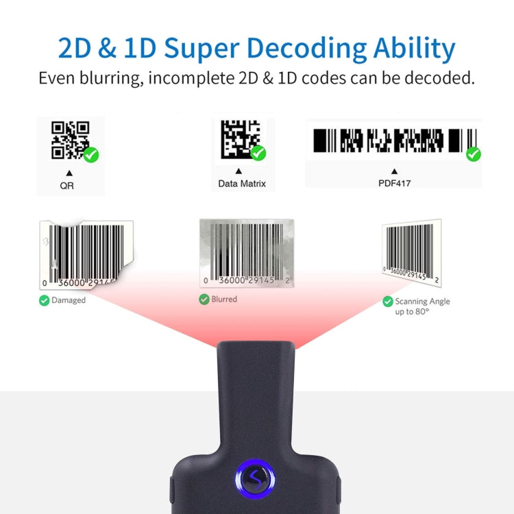 HC101D 2D Bluetooth Barcode Scanner Wireless Back Clip Phone Barcode Reader, 2D Side