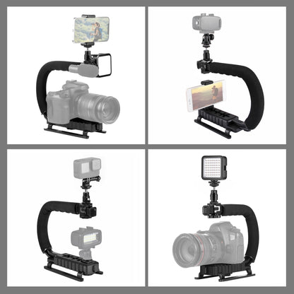 PULUZ U/C Shape Portable Handheld DV Bracket Stabilizer + LED Fill Light Kit with Cold Shoe Tripod Head for All SLR Cameras and Home DV Camera