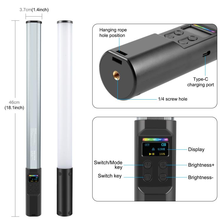 PULUZ 132 LEDs Photo Handheld Stick Light Full Color RGB Fill Light
