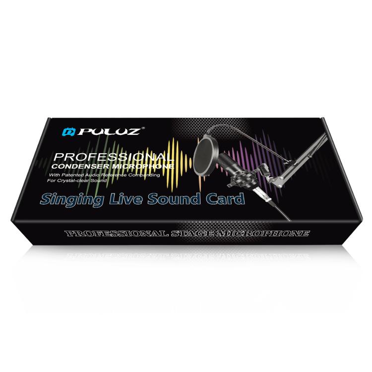 PULUZ Studio Broadcast Professional Singing Microphone Kits with Suspension Scissor Arm & Metal Shock Mount & USB Sound Card, Microphone Kits (Black), Microphone Kits (Gold), Microphone Kits (Silver)