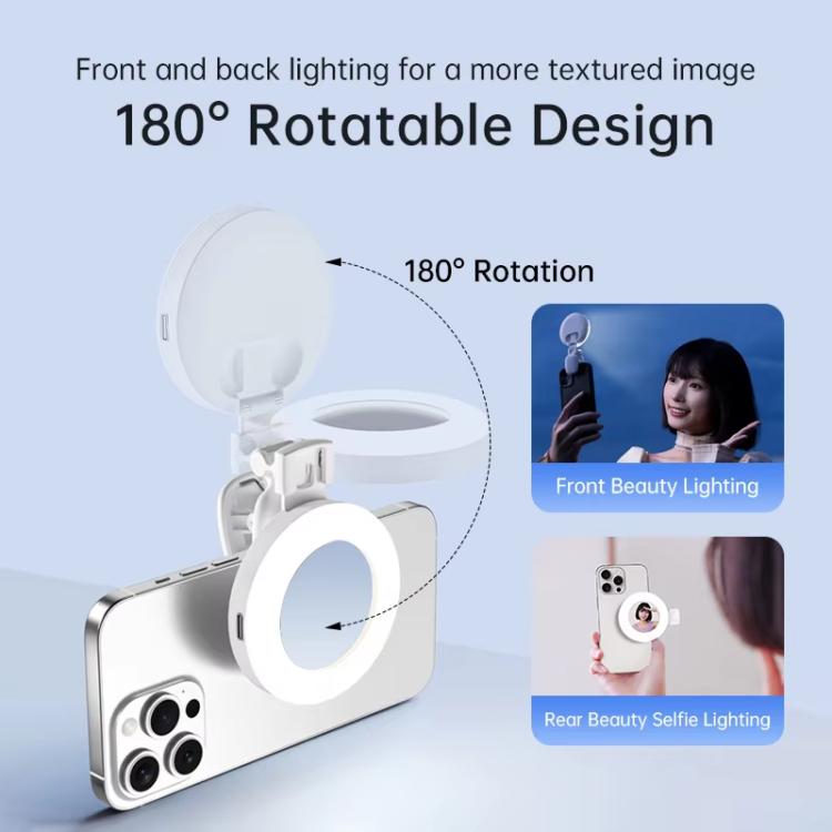 Clip-On Selfie Ring Light with Mirror Rechargeable Portable Makeup Light 3 Adjustable Color Temperatures