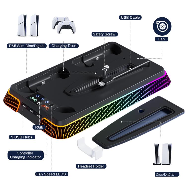 For PS5 Pro / PS5 Slim / PS5 Multifunctional Cooling Base With Dual Handle Charging Dock